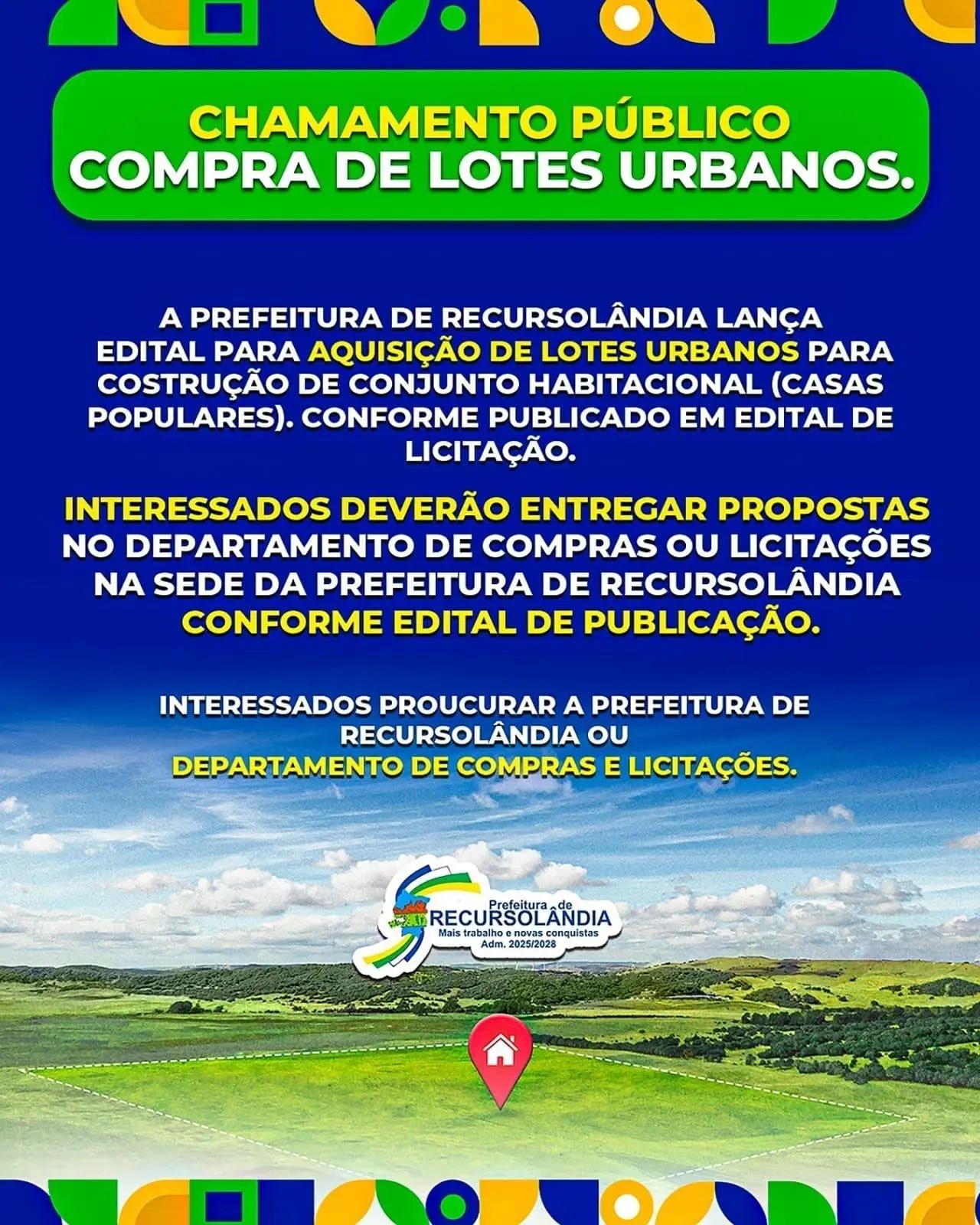 Prefeitura de Recursolândia lança edital para compra de lotes destinados à construção de casas populares